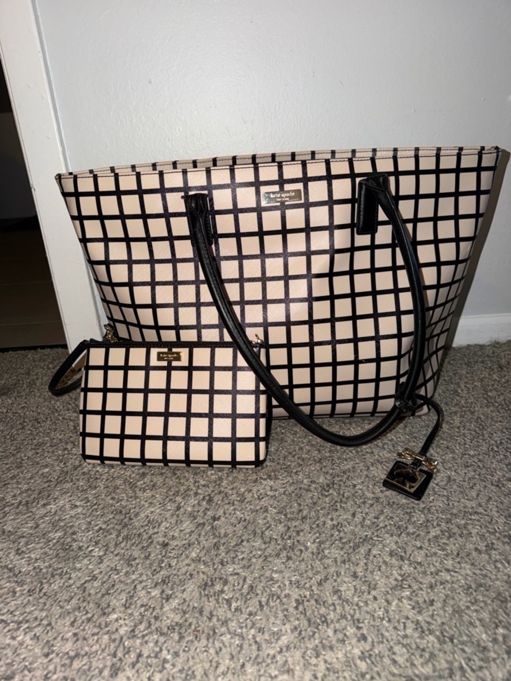 kate spade Cream and Black Grid Tote with Matching Wristlet